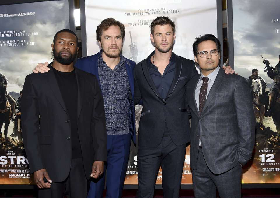 Actors Trevante Rhodes, from left, Michael Shannon, Chris Hemsworth and Michael Pena pose at the world premiere of "12 Strong" at Jazz at Lincoln Center Frederick P. Rose Hall on Tuesday, Jan. 16, 2018, in New York. (Photo by Evan Agostini/Invision/AP)